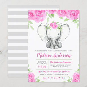 Roze Waterverf Floral Elephant Baby shower Kaart