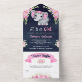 Roze Waterverf Floral Elephant Navy Baby shower All In One Uitnodiging (Binnen)
