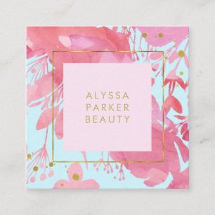 Roze Waterverf Floral en Baby Blue met Gold Vierkante Visitekaartje