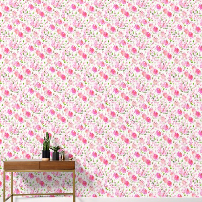 Roze Waterverf Floral Garden Pattern Behang (Hal)
