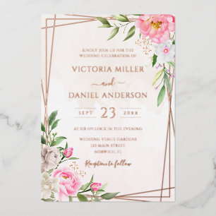 Roze Waterverf Floral Geometric Gold Wedding Folie Uitnodiging