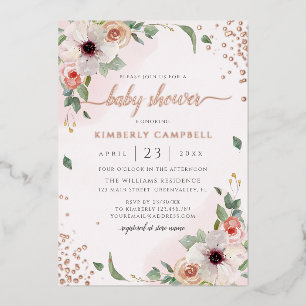 Roze Waterverf Floral Girl Baby shower Folie Uitnodiging