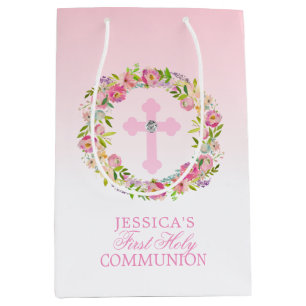 Roze Waterverf Floral Girl Eerste Heilige Communie Medium Cadeauzakje