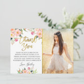 Roze Waterverf Floral Gold Script Birthday Foto Bedankkaart (Staand voorkant)