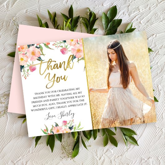 Roze Waterverf Floral Gold Script Birthday Foto Bedankkaart