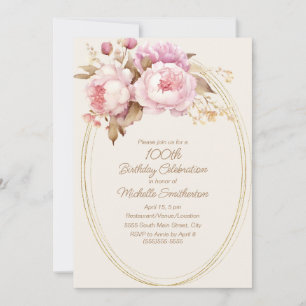 Roze Waterverf Floral Goud Lijst 100e Verjaardag Kaart