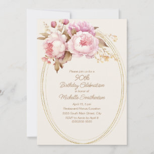 Roze Waterverf Floral Goud Lijst 90ste Verjaardag Kaart