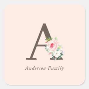 Roze Waterverf Floral Monogram Vierkante Sticker
