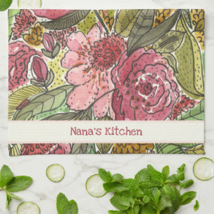  roze Waterverf Floral Nana's Keuken  Theedoek