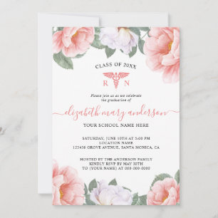 Roze Waterverf Floral Nursing Afstuderen Invite