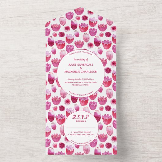 Roze Waterverf Floral Pattern Wedding All In One Uitnodiging (Binnen)