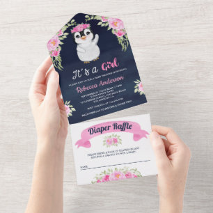 Roze Waterverf Floral Penguin Navy Baby shower All In One Uitnodiging