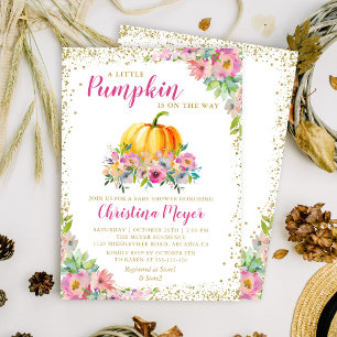 Roze Waterverf Floral Pumpkin Glitter Baby shower Kaart