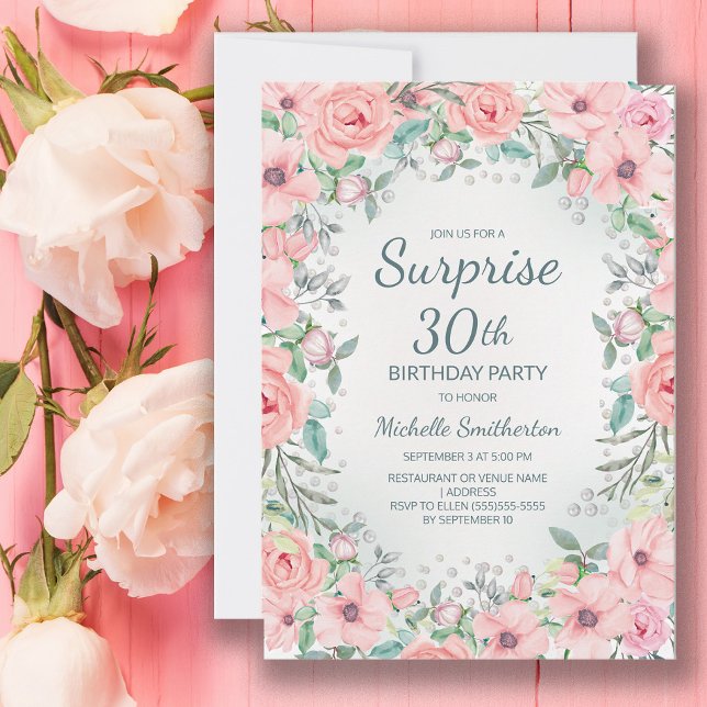 Roze Waterverf Floral Rozen Pearls 30th Birthday (Blush pink floral surprise 30th birthday party invitation personalized with your text.)