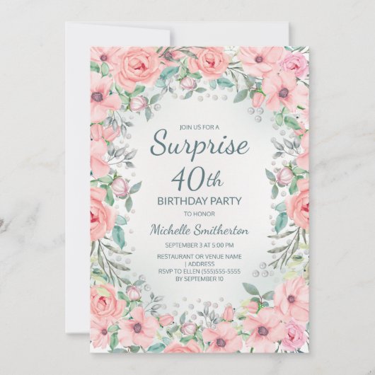 Roze Waterverf Floral Rozen Pearls 40th Birthday (Voorkant)