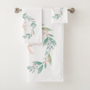Roze Waterverf Floral Wreator Monogram Bad Handdoek