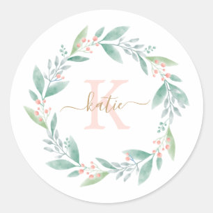 Roze Waterverf Floral Wreator Monogram Ronde Sticker