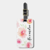 Roze Waterverf Flowers Aangepaste naam Bagagelabel (Voorkant verticaal)