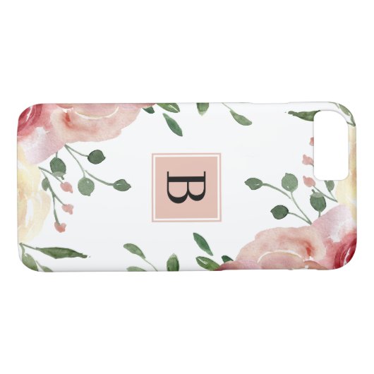 Roze Waterverf Flowers met Eenvoudig Monogram Case-Mate iPhone Case (Achterkant (Horizontaal))