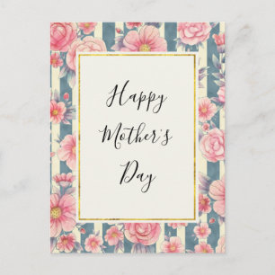 Roze Waterverf Flowers op Stripes Moederdag Feestdagenkaart