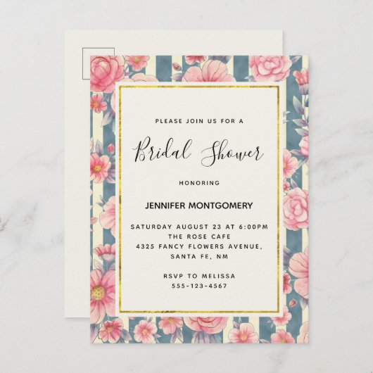 Roze Waterverf Flowers op Stripes Vrijgezellenfees Uitnodiging Briefkaart (Voorkant / Achterkant)