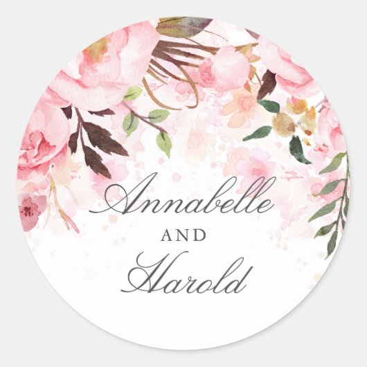 Roze Waterverf Flowers Ronde Sticker (Voorkant)