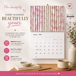 Roze waterverf gestreepte wandkalender kalender