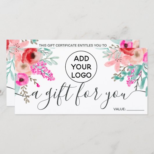 Roze waterverf girale logo cadeaubon (Voorkant / Achterkant)