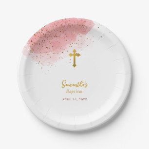 Roze Waterverf Glitter Gold Cross Baptisme Girl Papieren Bordje
