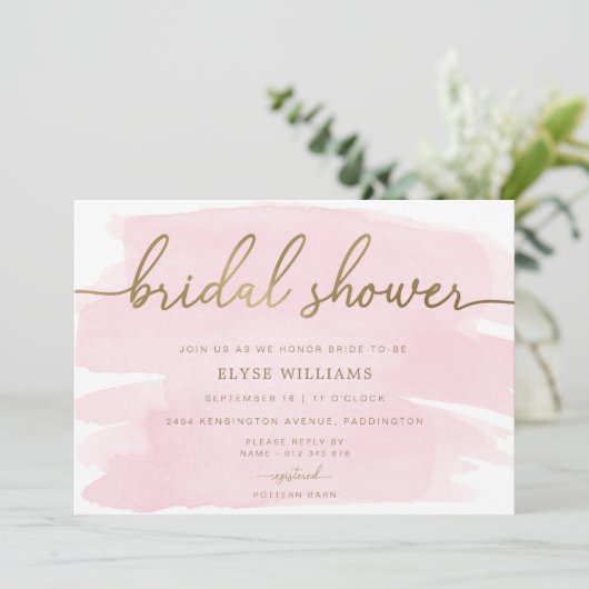 Roze Waterverf Gold Bridal Shower Kaart (Staand voorkant)