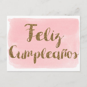 Roze Waterverf Goud Glitter Feliz Cumpleanos Briefkaart