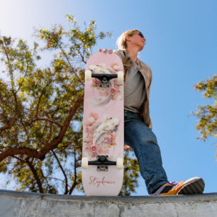 Roze Waterverf Goud Koi Vis Bloemen Gepersonalisee Skateboard