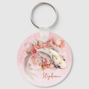 Roze Waterverf Goud Koi Vis Bloemen Gepersonalisee Sleutelhanger