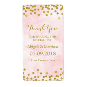 Roze Waterverf Gouden Confetti Trouwlabels Etiket