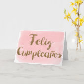 Roze Waterverf Gouden Glitter Feliz Cumpleanos Kaart (Gele Bloem)