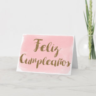Roze Waterverf Gouden Glitter Feliz Cumpleanos Kaart