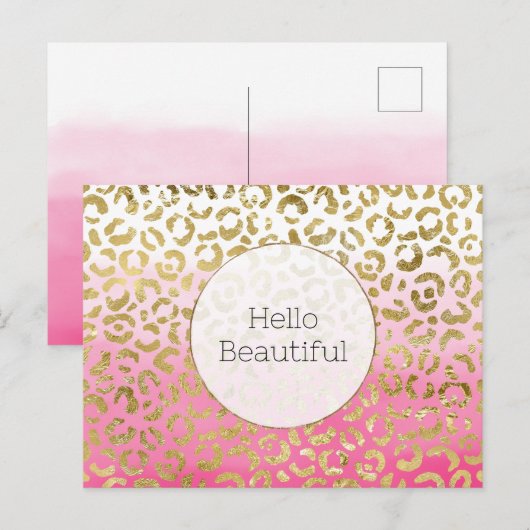 Roze Waterverf gouden luipaard Briefkaart (Voorkant / Achterkant)