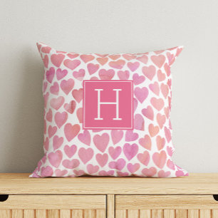 Roze Waterverf Harten monogrammen Kussen