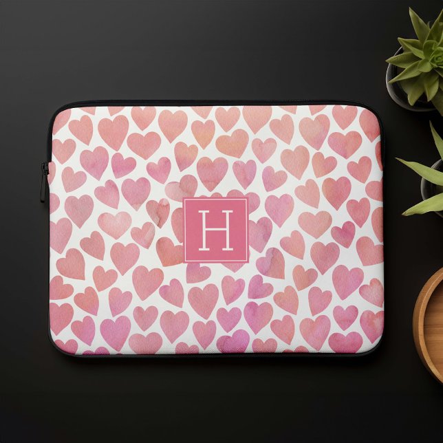 Roze Waterverf Harten monogrammen Laptop Sleeve (Creator heeft geüpload)