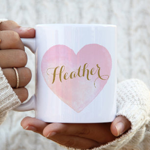 Roze Waterverf Heart Girly Script Font Gold Name Tweekleurige Koffiemok