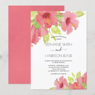 Roze Waterverf Hibiscus Floral Wedding Kaart