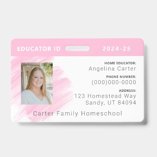 Roze Waterverf Homeschool Educator ID Badge (Front)