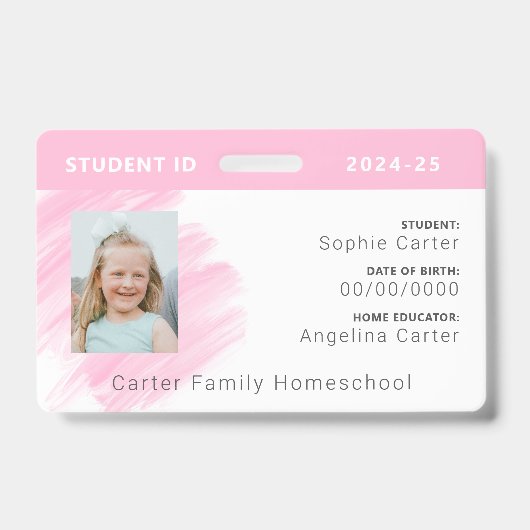 Roze Waterverf Homeschool Student ID Badge (Front)