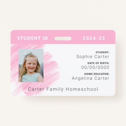 Roze Waterverf Homeschool Student ID Badge (Voorkant)