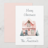 Roze Waterverf Huis Kerst Kaart (Voorkant / Achterkant)