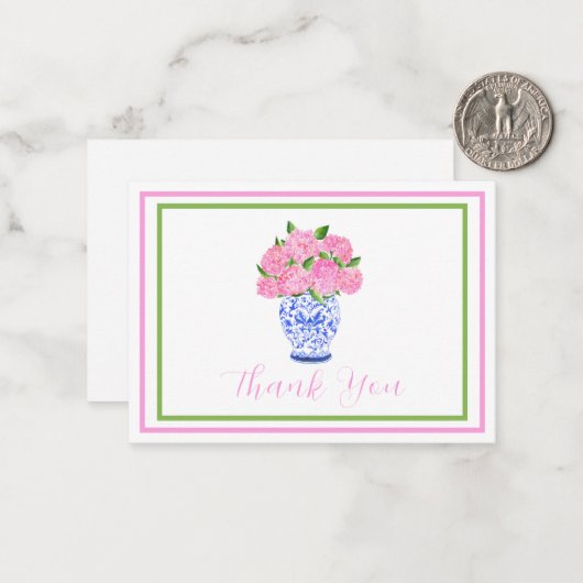 Roze Waterverf Hydrangea Script Border Bedankt Notitiekaartje (Voorkant / Achterkant in situ)