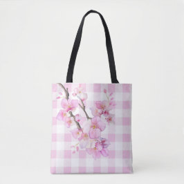 Roze waterverf kersenbloesems plaid gingham draagtas