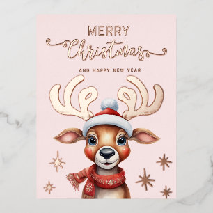 Roze Waterverf Kerst Rendier Roos Goud Folie Feestdagen Briefkaart
