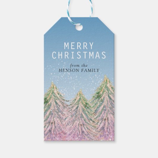 Roze Waterverf kerstboom Cadeaulabel (Voorkant)