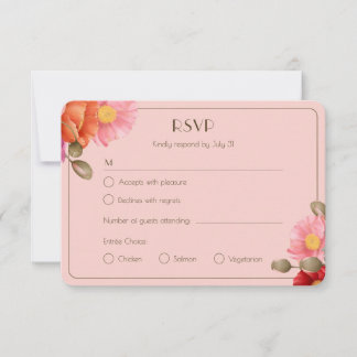 Roze Waterverf Klaproos Huwelijksreactiekaart RSVP Kaartje
